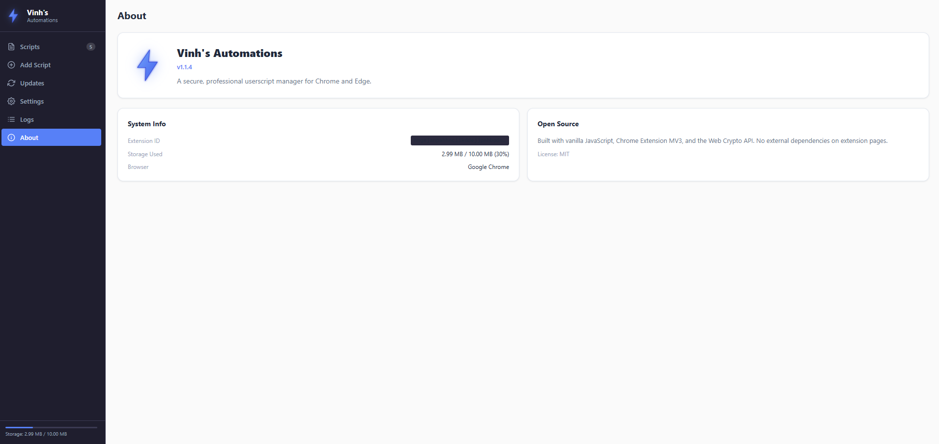 About page showing version information and extension details
